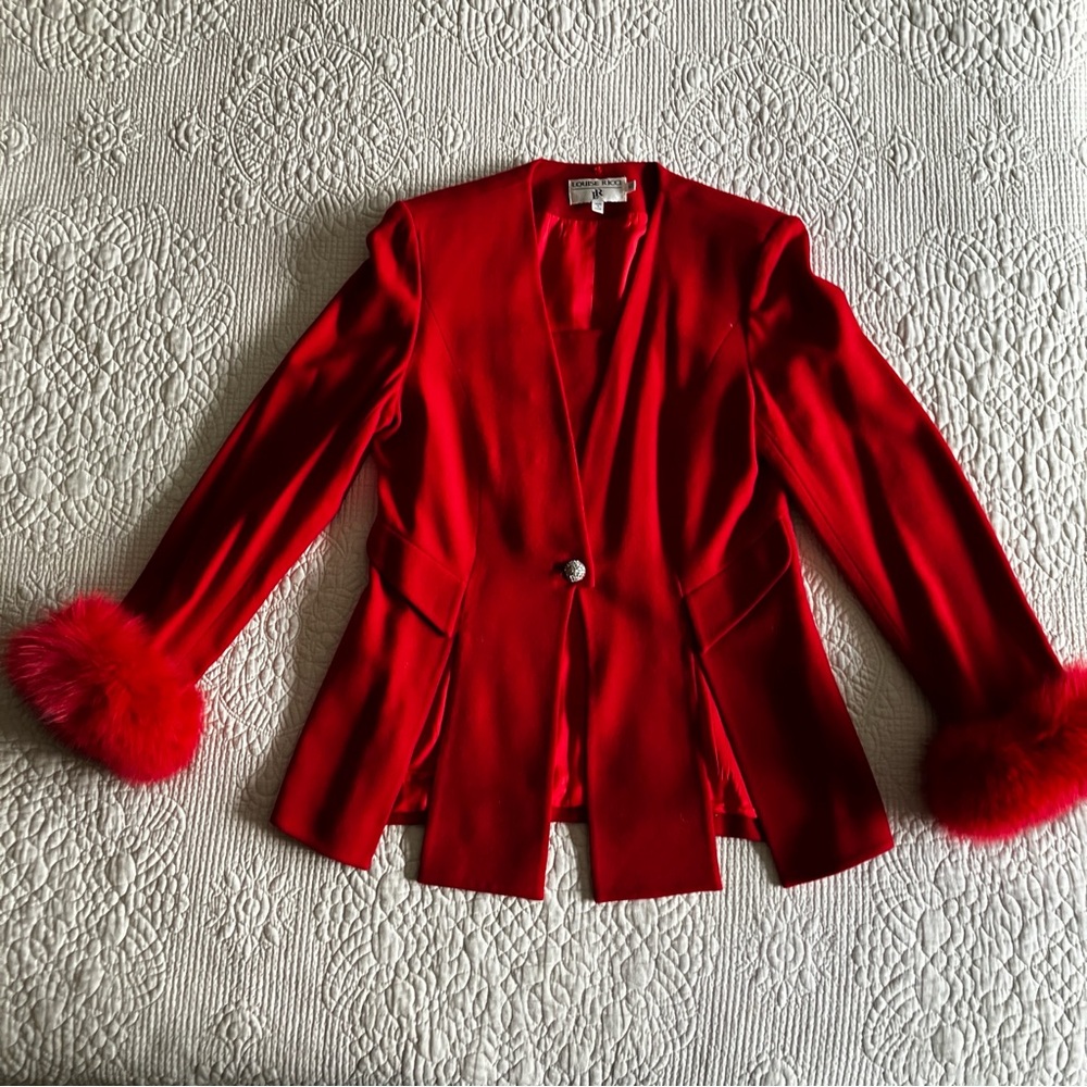 EUC Louise Ricci red wool blazer w/fur wrists